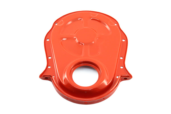 Painted Orange Steel Timing Chain Cover Set with Timing Tab – Chevy Big Block 396–454 (1966–1990)