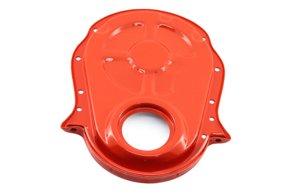 Painted Orange Steel Timing Chain Cover Set with Timing Tab – Chevy Big Block 396–454 (1966–1990)