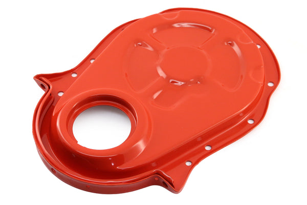 Painted Orange Steel Timing Chain Cover Set with Timing Tab – Chevy Big Block 396–454 (1966–1990)