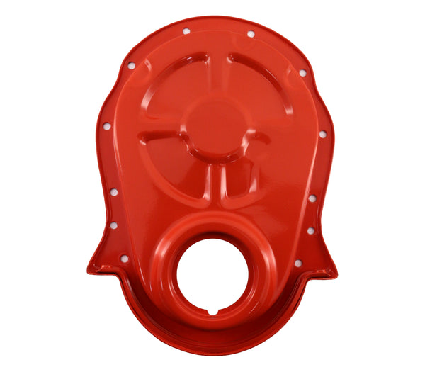 Painted Orange Steel Timing Chain Cover Set with Timing Tab – Chevy Big Block 396–454 (1966–1990)