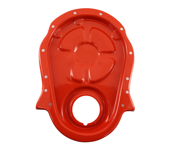 Painted Orange Steel Timing Chain Cover Set with Timing Tab – Chevy Big Block 396–454 (1966–1990)