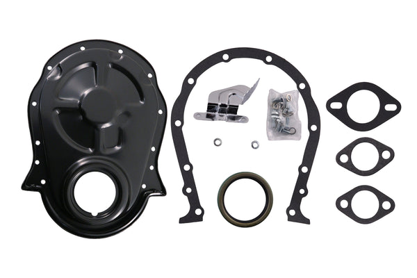 19Black Steel Timing Chain Cover Set with Timing Tab – Chevy Big Block 396–454 (1966–1990)66-90 CHEVY BIG BLOCK 396-402-427-454 STEEL TIMING CHAIN COVER SET W- TIMING TAB - BLACK