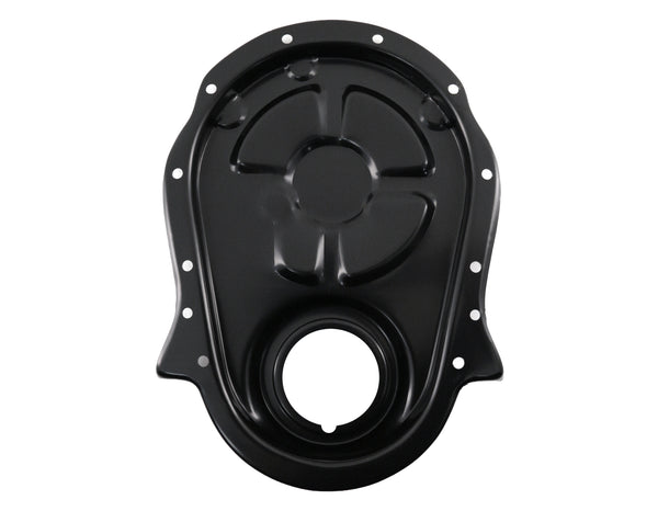 19Black Steel Timing Chain Cover Set with Timing Tab – Chevy Big Block 396–454 (1966–1990)66-90 CHEVY BIG BLOCK 396-402-427-454 STEEL TIMING CHAIN COVER SET W- TIMING TAB - BLACK