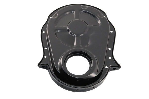 19Black Steel Timing Chain Cover Set with Timing Tab – Chevy Big Block 396–454 (1966–1990)66-90 CHEVY BIG BLOCK 396-402-427-454 STEEL TIMING CHAIN COVER SET W- TIMING TAB - BLACK