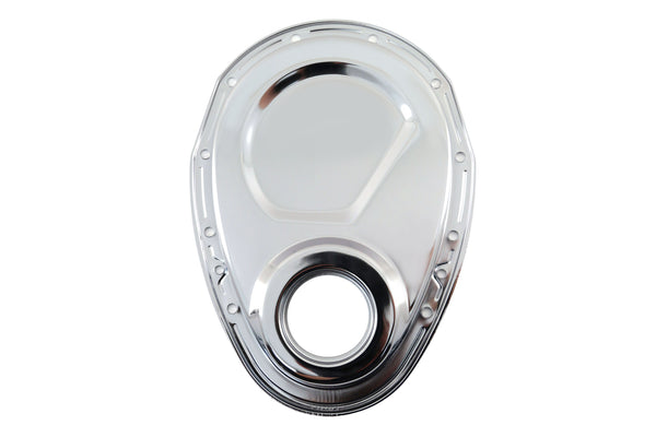 1955-65 CHEVY SMALL BLOCK 283-305-327-350-400 STEEL 2-PIECE TIMING CHAIN COVER SET - CHROME