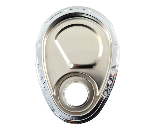 1955-65 CHEVY SMALL BLOCK 283-305-327-350-400 STEEL 2-PIECE TIMING CHAIN COVER SET - CHROME