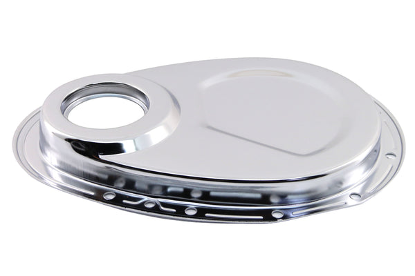 1955-65 CHEVY SMALL BLOCK 283-305-327-350-400 STEEL 2-PIECE TIMING CHAIN COVER SET - CHROME