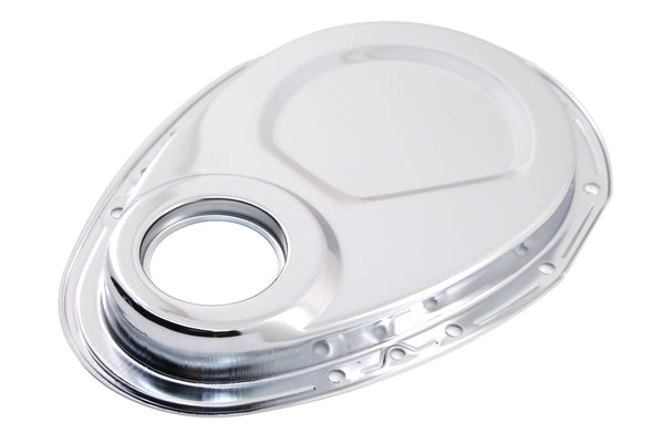 1955-65 CHEVY SMALL BLOCK 283-305-327-350-400 STEEL 2-PIECE TIMING CHAIN COVER SET - CHROME