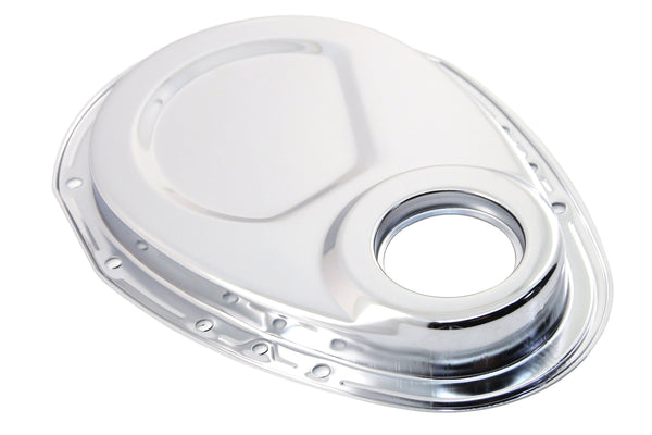 1955-65 CHEVY SMALL BLOCK 283-305-327-350-400 STEEL 2-PIECE TIMING CHAIN COVER SET - CHROME
