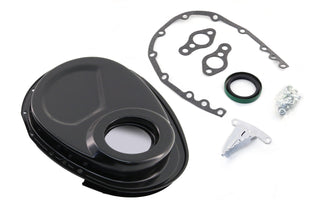 Steel Timing Chain Cover Set with Timing Tab Fits 1955–1995 Chevy SBC 283–400 – Black