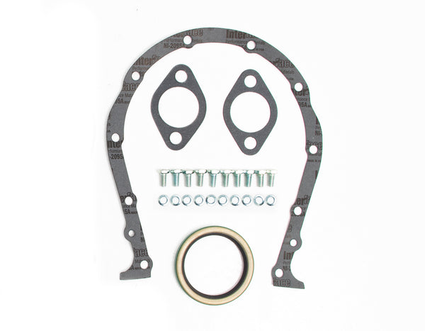 1966-90 CHEVY BIG BLOCK 396-402-427-454 STEEL TIMING CHAIN COVER SET W- TIMING TAB - BLACK CHROME