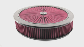 14" Black Steel Air Cleaner Set - Red Cotton Washable Air Cleaner Filter - Flat Base, Compatible with Chevy/Ford/Mopar
