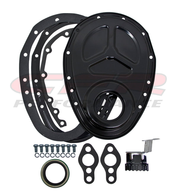1955-65 CHEVY SMALL BLOCK 283-305-327-350-400 STEEL 2-PIECE TIMING CHAIN COVER SET - EDP BLACK