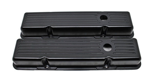 1958-86 CHEVY SMALL BLOCK 283-305-327-350-400 SHORT BLACK ALUMINUM VALVE COVERS - BALL MILLED