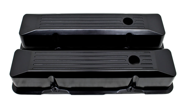 1958-86 CHEVY SMALL BLOCK 283-305-327-350-400 TALL BLACK ALUMINUM RECESSED VALVE COVERS - BALL MILLED