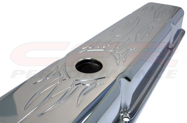 1958-86 CHEVY SMALL BLOCK 283-305-327-350-400 SHORT STEEL VALVE COVERS - SPECIAL EDITION PINSTRIPING BY VON HOT ROD