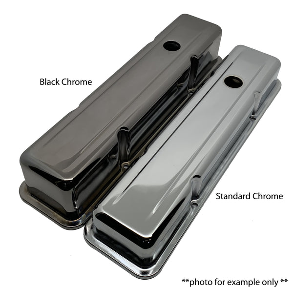 1965-72 CHEVY BIG BLOCK 396-427-454 SHORT OEM STYLE (RECESSED CORNER) STEEL VALVE COVERS - BLACK CHROME W- DRIPPER RAILS